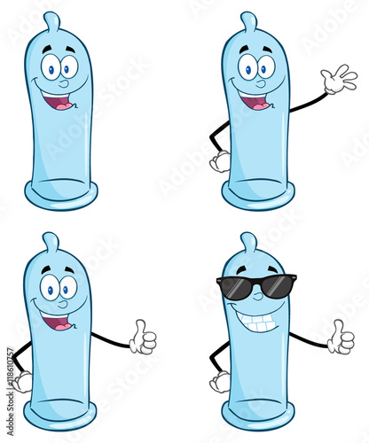 Blue Condom Cartoon Mascot Character 1. Collection Set