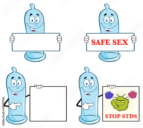 Blue Condom Cartoon Mascot Character 3. Collection Set