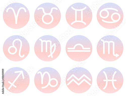 zodiac signs circle icon set on pink and blue gradient background

