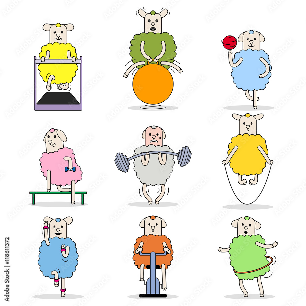Sports and fitness. Set of funny characters training in gym. Cartoon sheeps  are making exercises with hula hoop, ball, dumbbell, treadmill, barbell,  fitball, rope and bicycle. Vector illustration. Stock Vector | Adobe