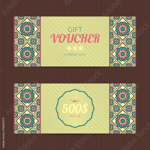 Gift voucher with eastern design. Gift card template. Coupon discount set. Coupon template with oriental design.