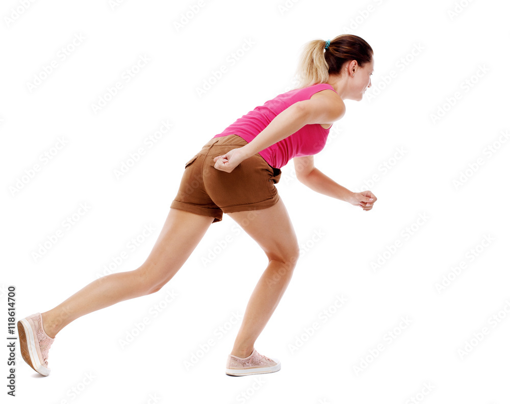 side view woman start position. Rear view people collection. backside view of person. Isolated over white background. Sport blond in brown shorts will start the race side view woman start position. Rear view people collection. backside view of person. Isolated over white background. Sport blond in brown shorts will start the race