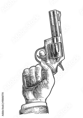 Hand holding revolver for fired to starting. Vector engraving vintage illustrations.