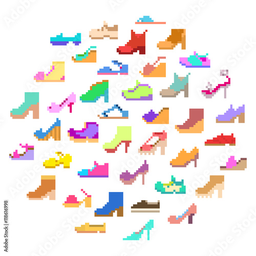 Big pixel art set, 40 different types of woman's shoes
