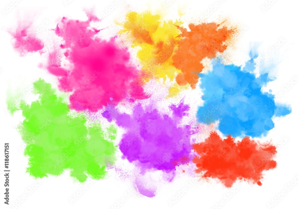 Holi color pigments splatters background