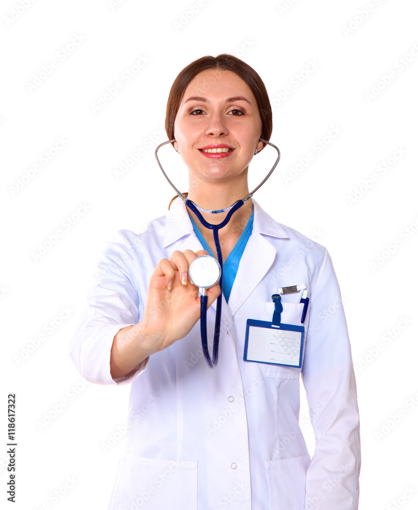 Beautiful general practitioner is working with joy. She standing a folder of documents in her hand Beautiful general practitioner is working with joy. She standing a folder of documents in her hand