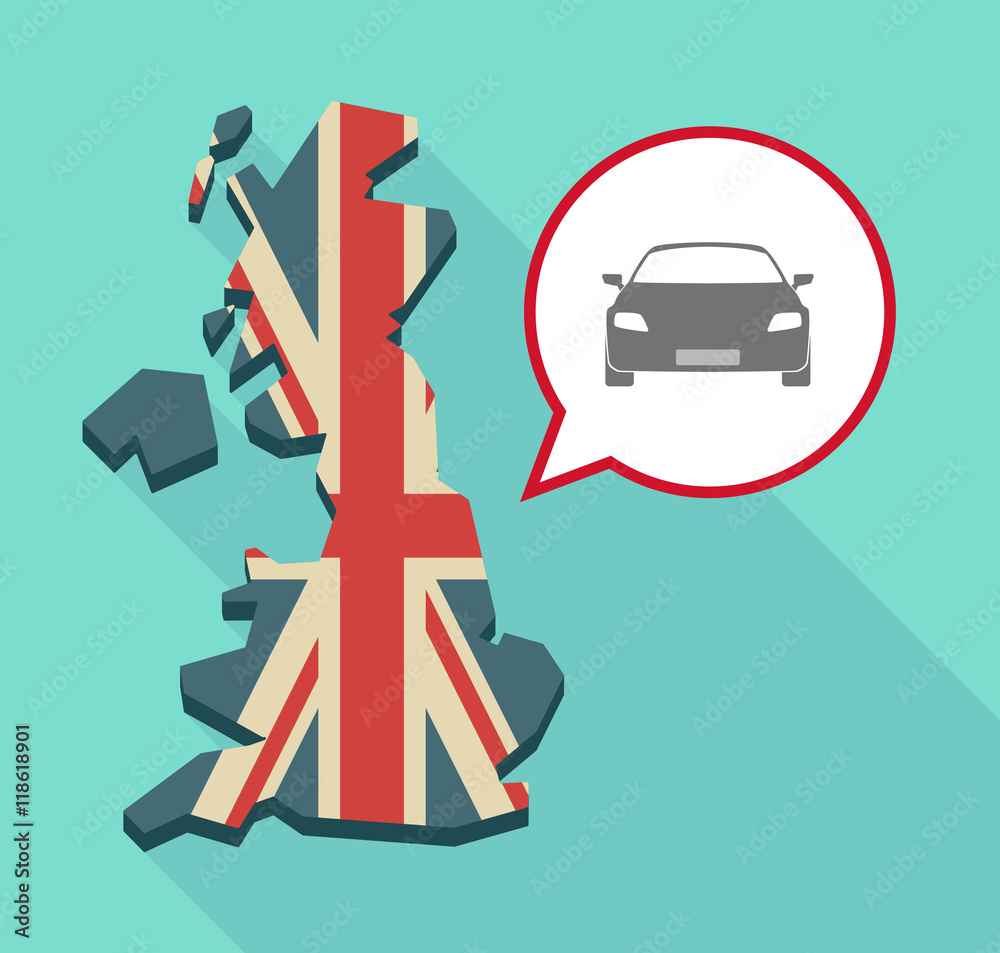 Long shadow United Kingdom map with a comic balloon and a car Long shadow United Kingdom map with a comic balloon and a car