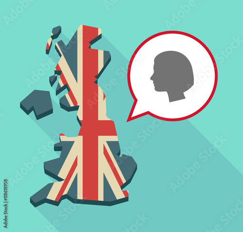 Long shadow United Kingdom map with a comic balloon and a female
