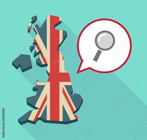 Long shadow United Kingdom map with a comic balloon and a magnif