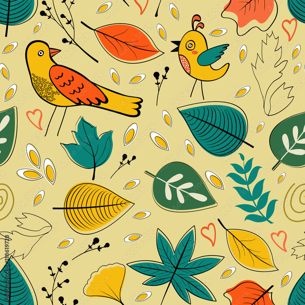 Autumn pattern with birds, flowers and leaves