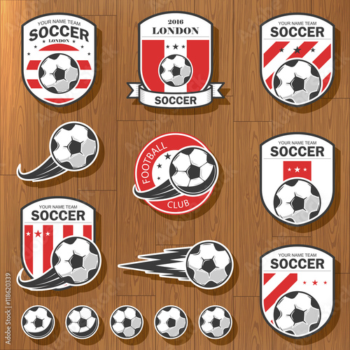 Vector illustration set of logos on football theme, as well as items for the game of football. It can be used as an emblem, logo and template for soccer tournaments.