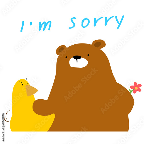 Bear say sorry to duck cartoon vector