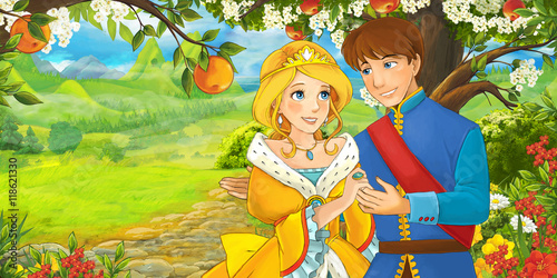 Fototapeta Naklejka Na Ścianę i Meble -  Cartoon scene with cute royal charming couple on the meadow - illustration for children