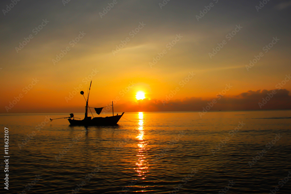  Fishermen on boat in sunrise