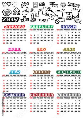 Videogames themed 2017 vector calendar. Week starts with sunday. You can see hand drawn gaming doodles at the top and 2017 title. 