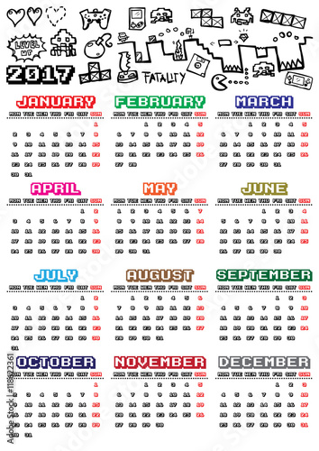Videogames themed 2017 vector calendar. Week starts with monday. You can see hand drawn gaming doodles at the top and 2017 title. 