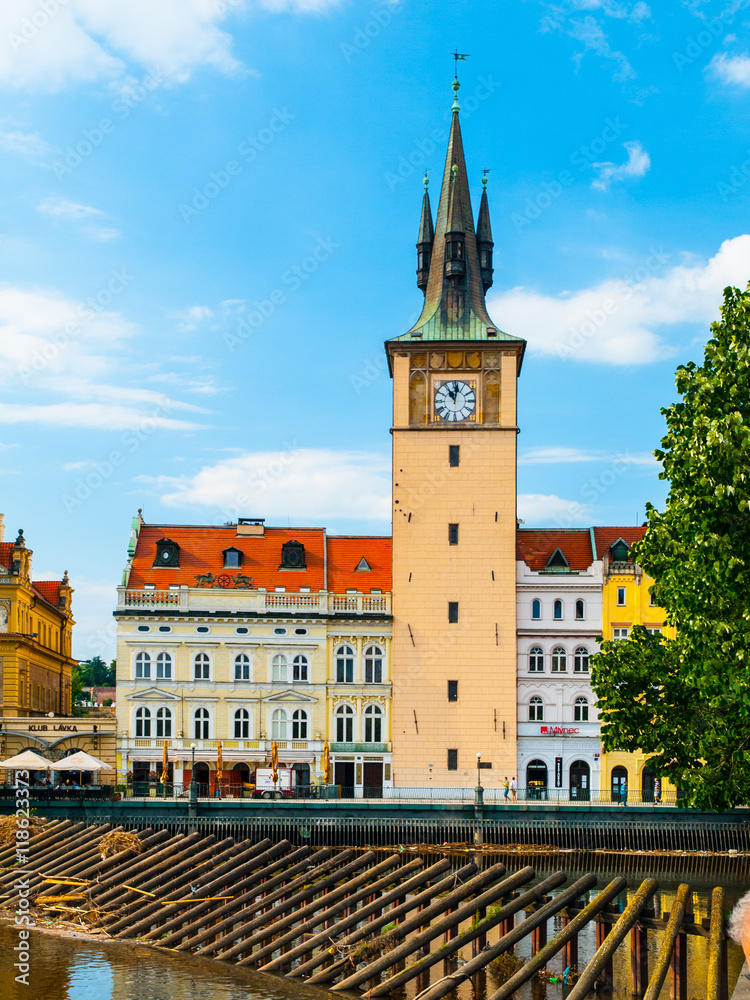 Fototapeta premium Old Town Water Tower on river Vltava embankment, Prague, Czech Republic