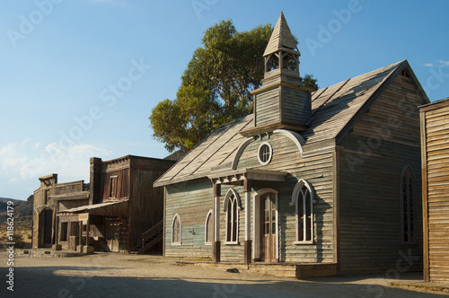 Fake Church and Blacksmith in Western Movie Town Set, Fort Bravo, Tabernas Desert, Almeria, Andalusia, Spain
