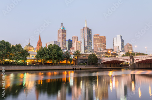 Beautiful Melbourne sunset skyline with Yarra river reflections