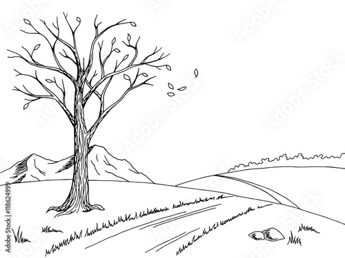 Old tree autumn graphic art black white landscape sketch illustration vector