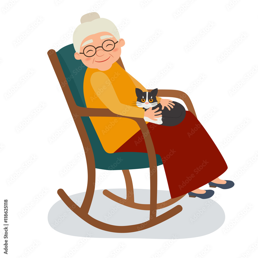 Vecteur Stock Old woman with cat in her rocking chair | Adobe Stock