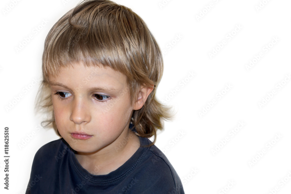 Sad and pensive little boy, portret, white copy space background. Sad and pensive little boy, portret, white copy space background.