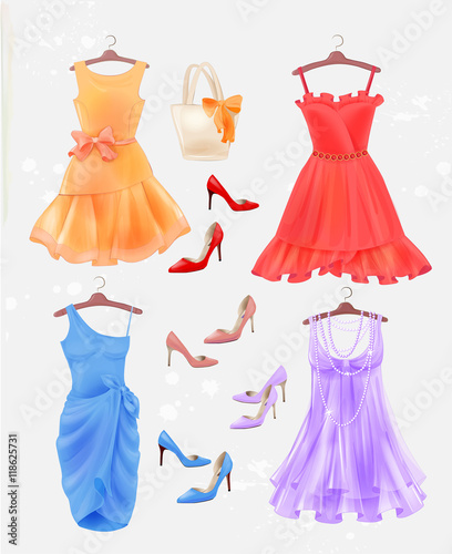 Fotografi Set of dresses, bag  and high-heeled shoes.  Dresses and shoes f