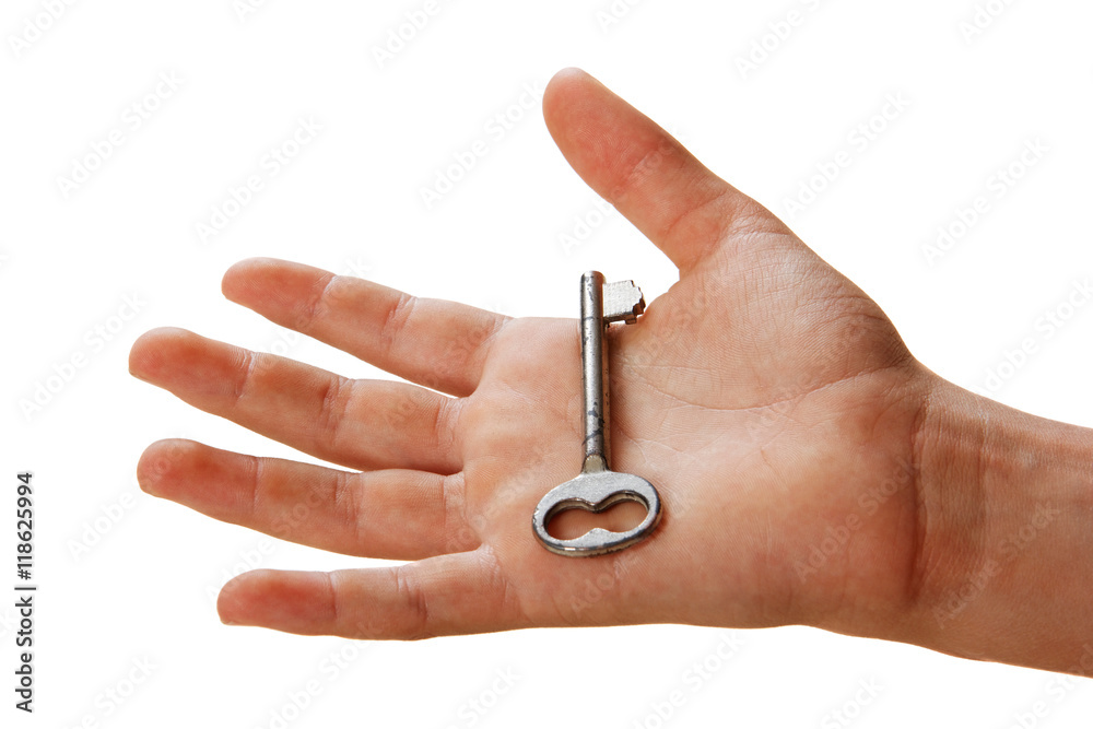 hand holding key on isolated on white background hand holding key on isolated on white background
