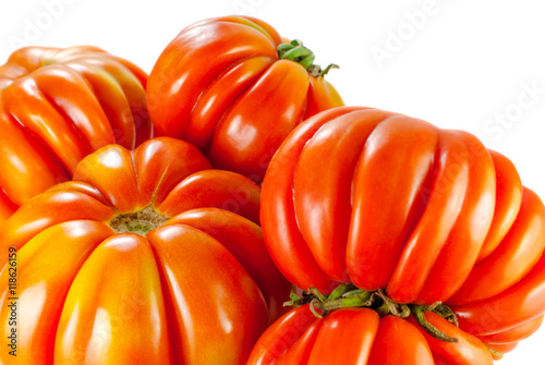 costoluto genovese tomato, a few fresh tomatoes, closeup on white background, selective focus
