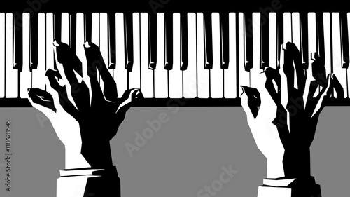 Black and white illustration of hands playing the piano.