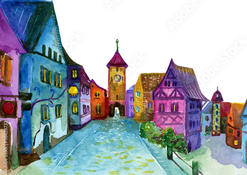 Obraz na płótnie Tęcza, miasto, ulica, akwarela, ilustracja