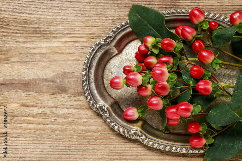 Hypericum twigs on wooden background