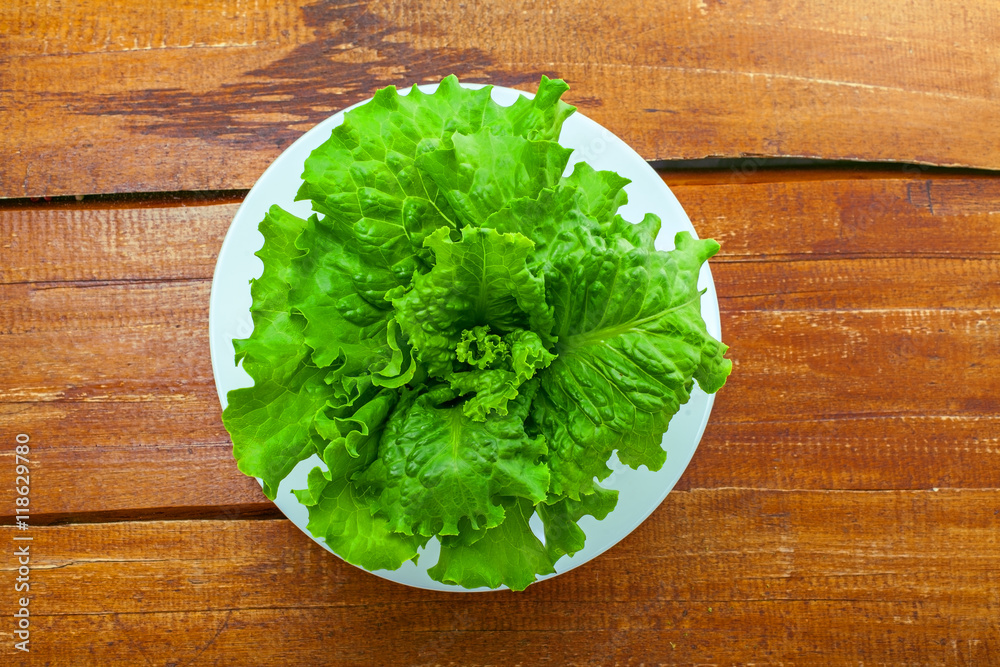 Fresh green lettuce leaves on a plate. Healthy vegetarian food abstract concept. Top view, above. Fresh green lettuce leaves on a plate. Healthy vegetarian food abstract concept. Top view, above.