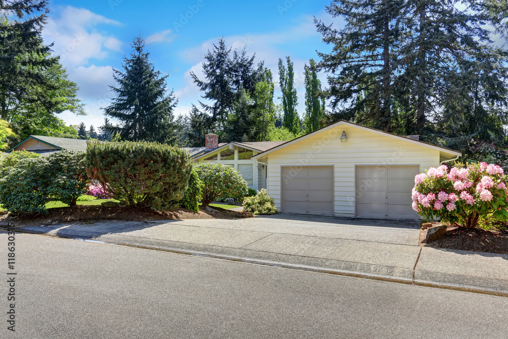 Naklejka premium American one level house exterior double garage and driveway.