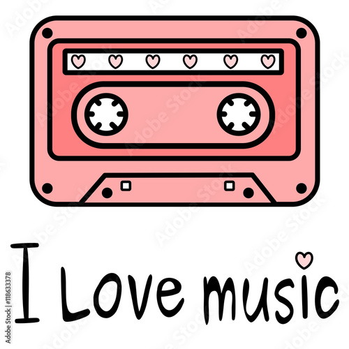 cute cartoon pink music tape with I love music quote vector illustration    