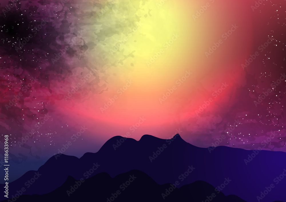 Naklejka premium Sunset or Dawn Over the Mountains Landscape - Vector Illustration