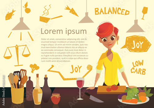 Young happy woman cooking in the kitchen. Healthy eating. Low Carb Diet flyer. Healthy Eating infographics. Vector illustration in modern flat style.