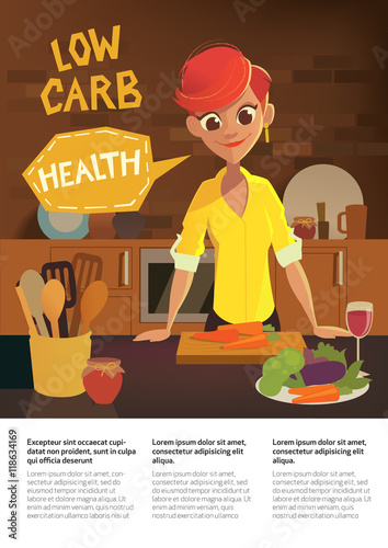 Healthy food, cartoon woman cooking in the modern kitchen. Fruits and Vegies. Low Carb Diet Brochure. Vector flat illustration.