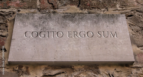 Cogito ergo sum. A Latin philosophical proposition by René Descartes usually translated into English as I think, therefore I am. Engraved text.