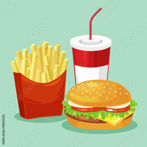 French fries, hamburger and soda takeaway vector illustration.fast food menu