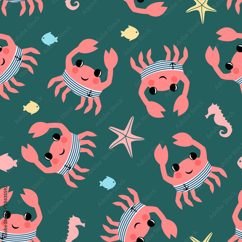 Cartoon crab seamless pattern with fish, seahorse and starfish. Marine ...