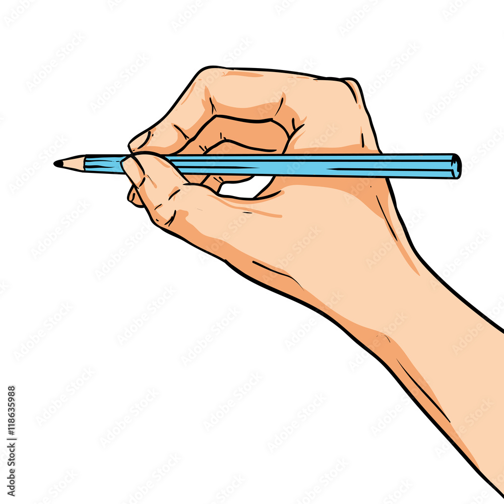 Vector drawing hand with pencil. Illustration in comic style