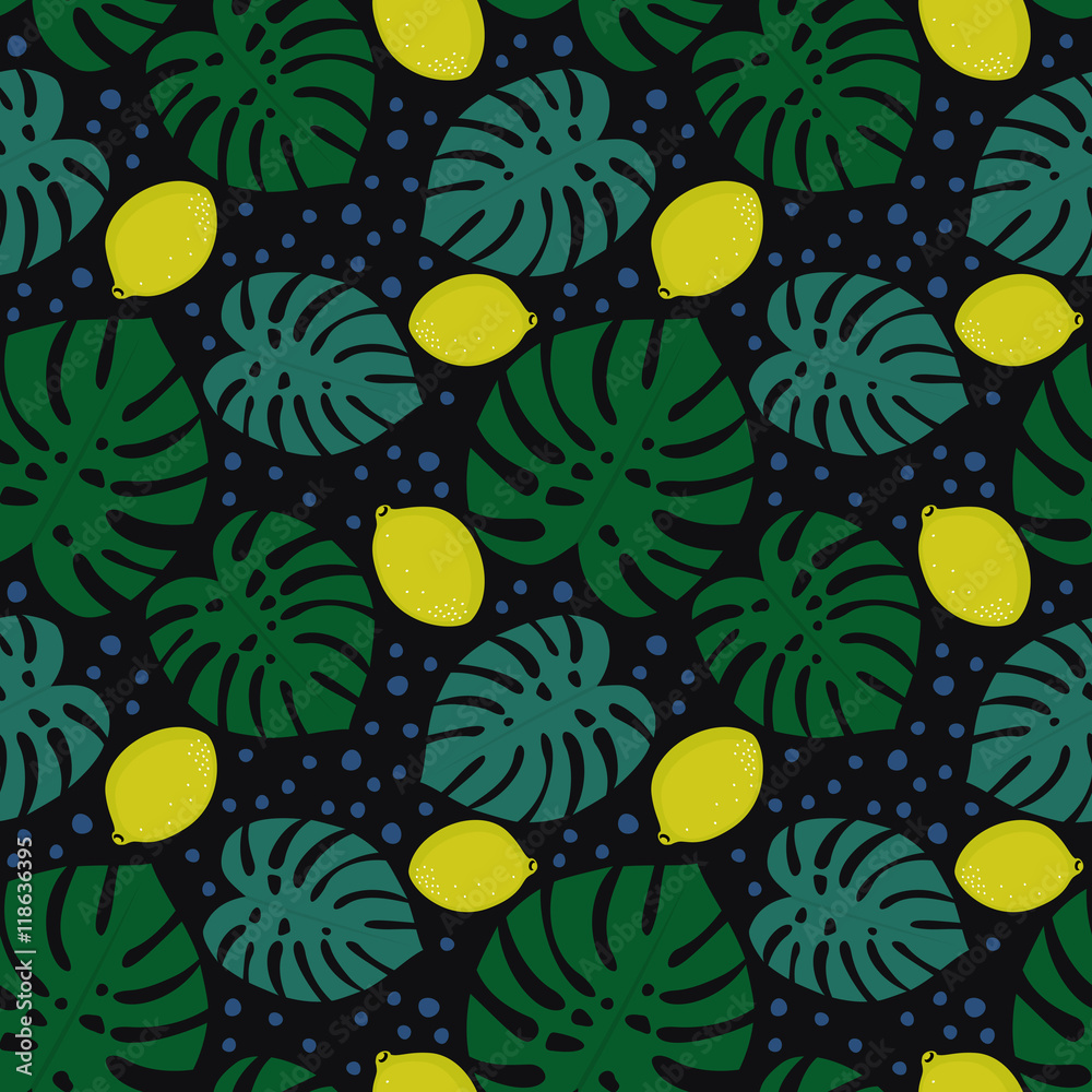 Seamless decorative pattern with lemons and palm leaves on dark ...