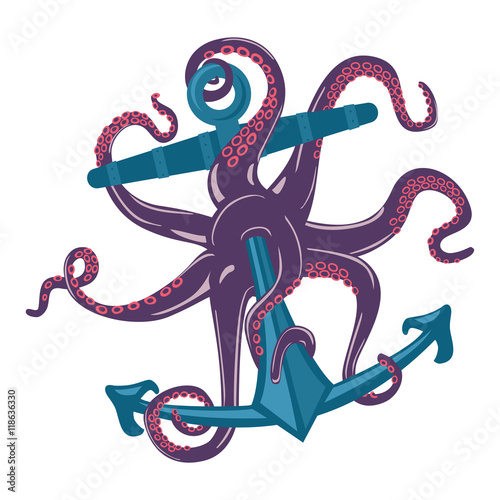 Cartoon blue octopus with tentacles and suction cups on anchor. Underwater cuttlefish or spineless mollusk,ocean or sea cephalopod with wavy arms,seafood squid. May be used for tattoo or mascot emblem