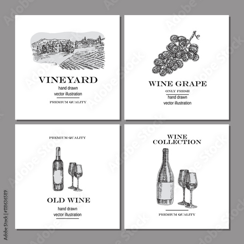 Hand drawn food logo. Engraved wine logo set. Vector illustration