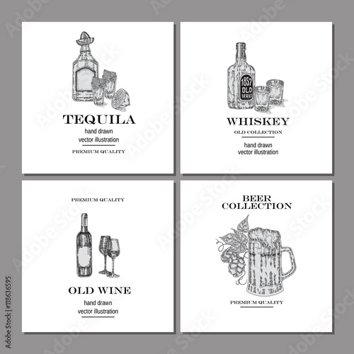 Hand drawn food logo. Engraved alcohol drinks logo set. Vector