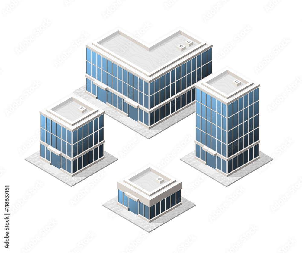 Set of 4 Isometric High Quality City Elements with 45 Degrees Shadows on White Background. Residential Set of 4 Isometric High Quality City Elements with 45 Degrees Shadows on White Background. Residential