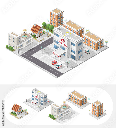 Isometric High Quality City Element with 45 Degrees Shadows on White Background