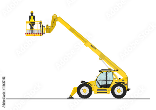 Non rotating telehandler with bucket on a white background. Flat vector