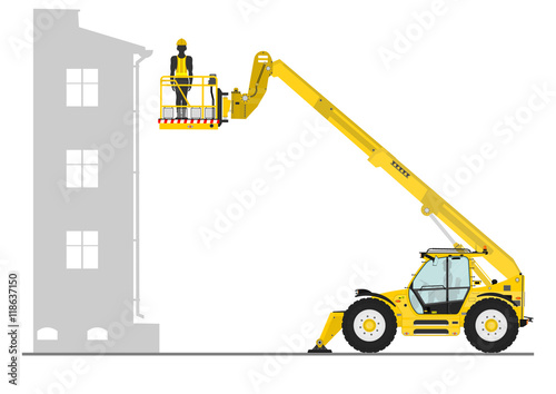 Non rotating telehandler with bucket on a white background. Flat vector